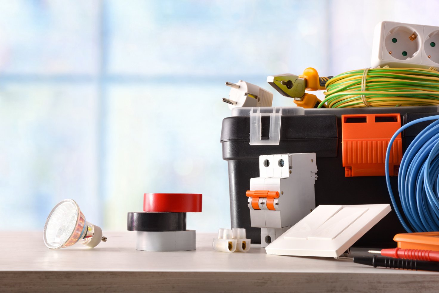 Composition with electrical material on a table and window background